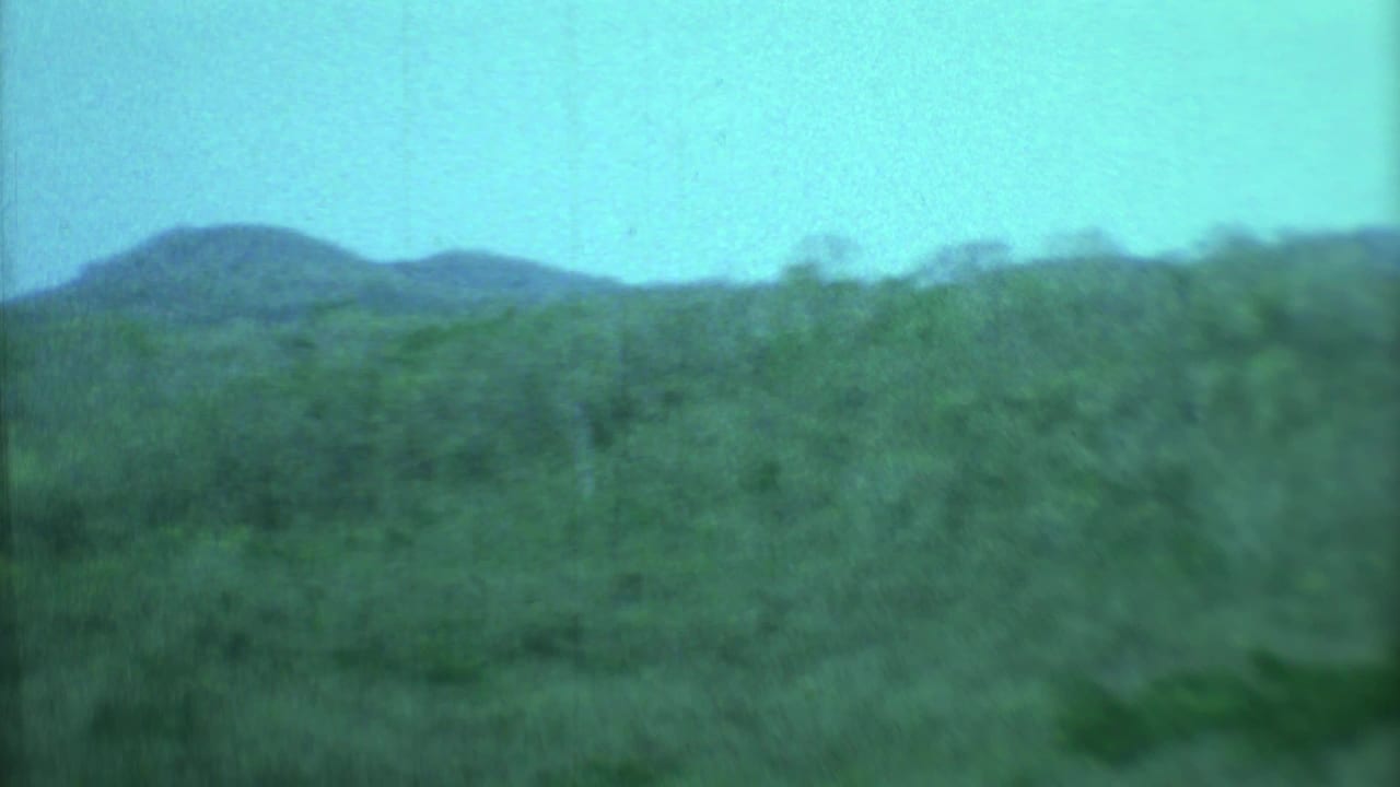 Distant low hills beyond green scrubland under a blue sky.