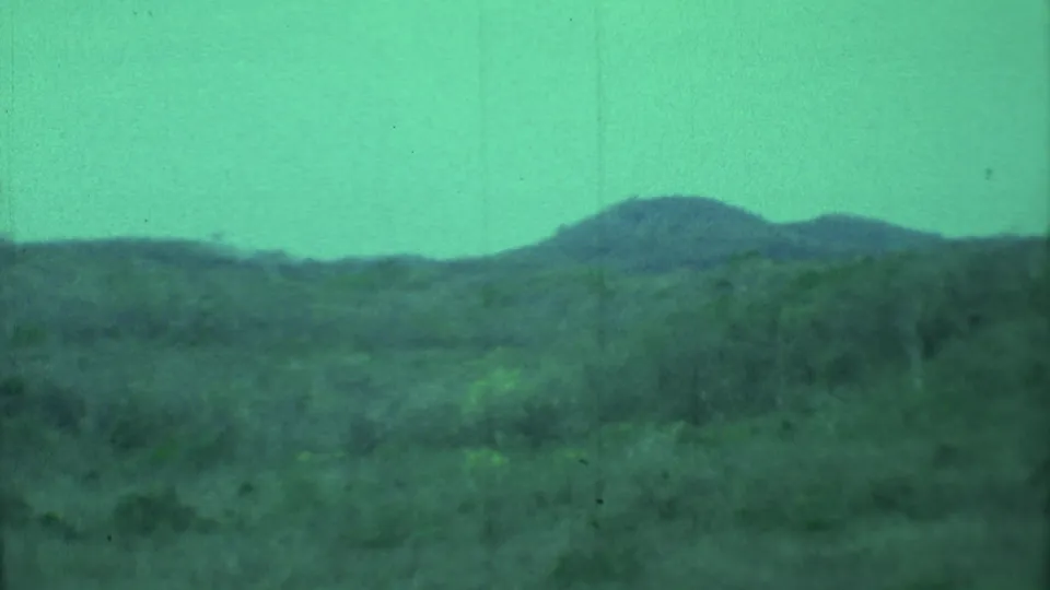 Open Yucatan landscape with low hills and scrub vegetation, softened by grain, haze, and the clip's green-blue film cast.
