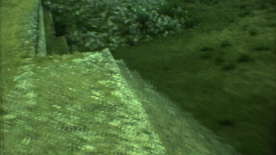 1973 Yucatan home-movie frame with stone steps beside a grassy path, filmed from a low visitor perspective.