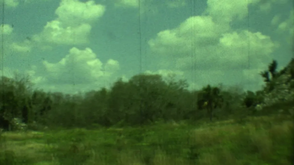 1973 Yucatan home-movie frame looking across grassy countryside with shrubs, small trees, and the mound receding at the left edge.