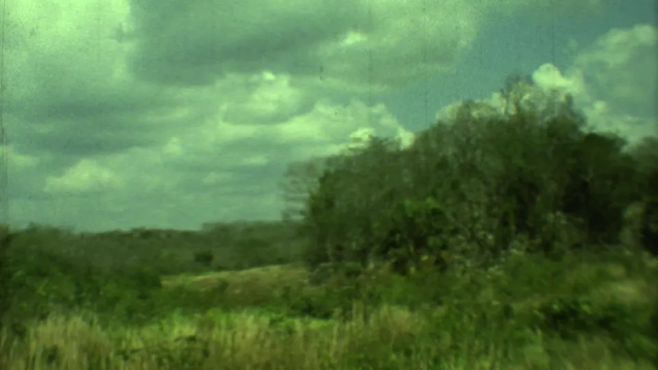 1973 Yucatan landscape frame with bushy trees, grassy foreground, and layered clouds, likely filmed from a moving vehicle.