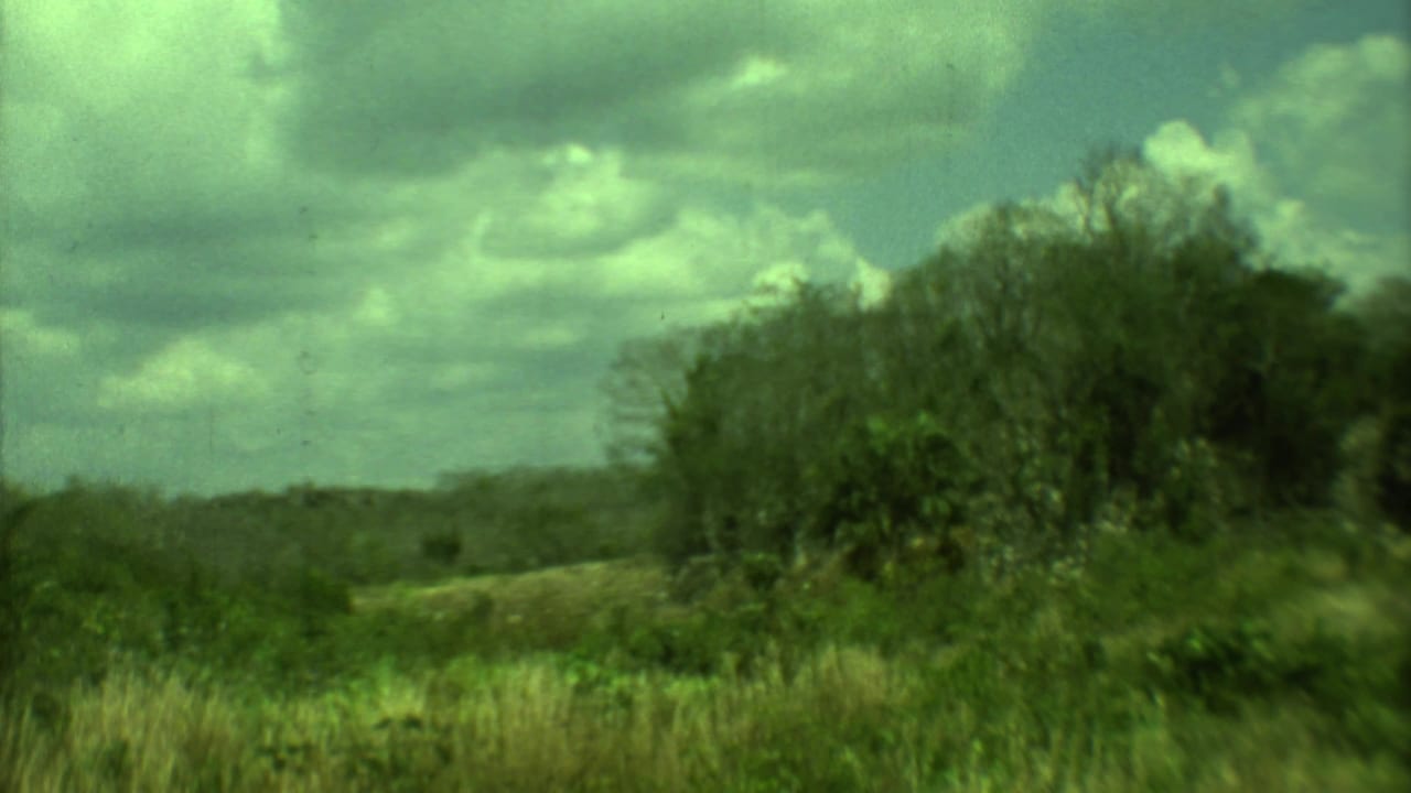 1973 Yucatan home-movie frame showing cloudy sky, green roadside vegetation, and a distant rural landscape.