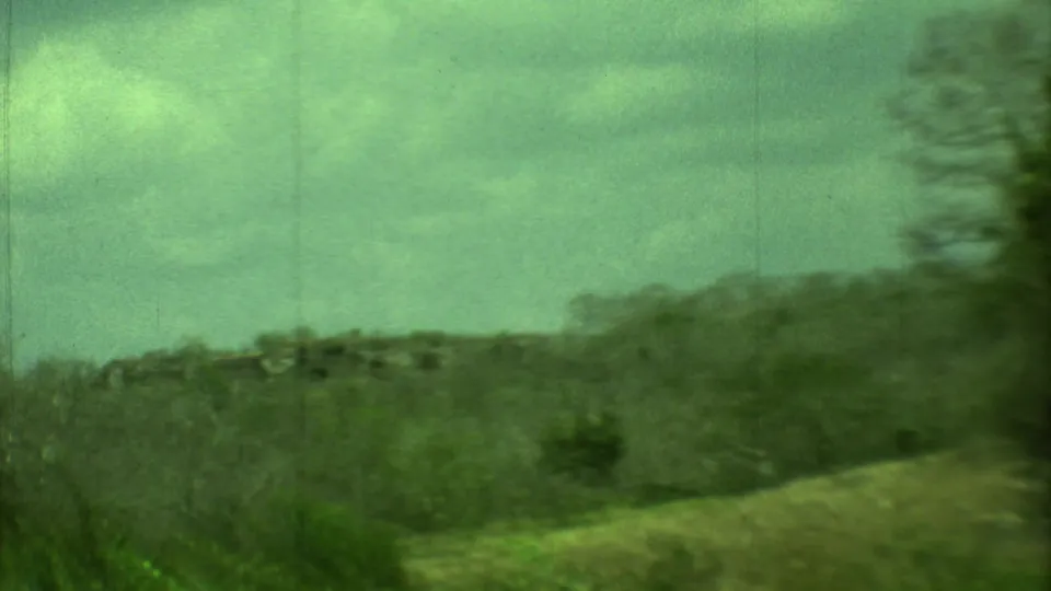Motion-blurred 1973 Yucatan roadside view with pale ground, scrub, and trees seen from a moving camera.