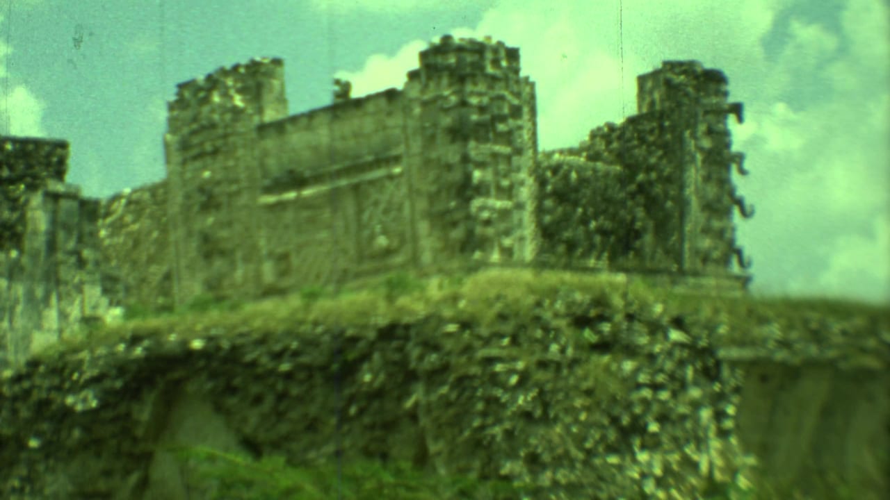 Stone ruin structure with carved wall details and vegetation in the foreground.