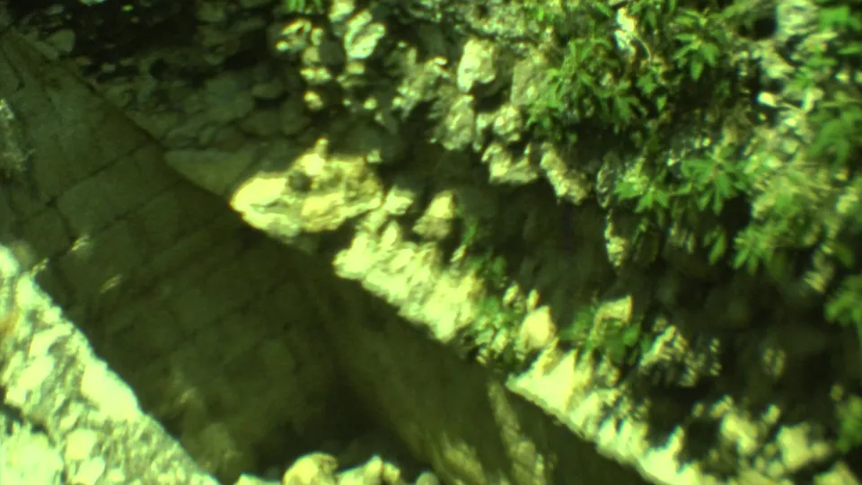 Final 1973 Yucatan frame shows the depths of a stone-lined opening, with vegetation and weathered masonry at the edges.