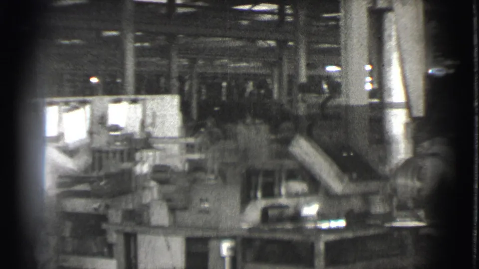 The final frame shows workers in a Cleveland factory interior, surrounded by machinery, ducting, columns, worktables, and bright window openings.