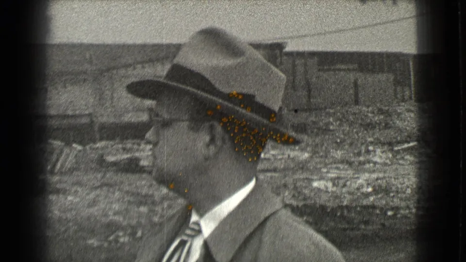 The man stands in profile in the Cleveland home-movie frame while small yellow-orange insects gather around his fedora and head.