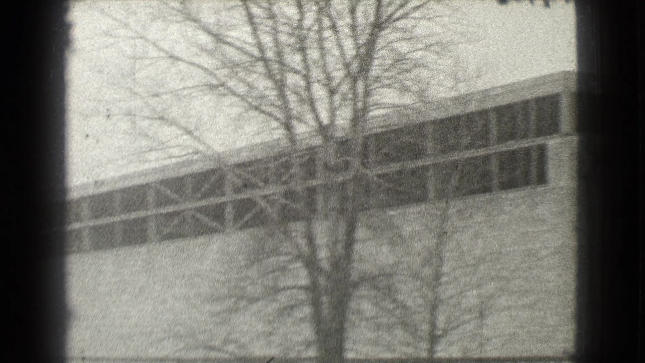 Long building behind leafless trees in a grainy black-and-white frame.