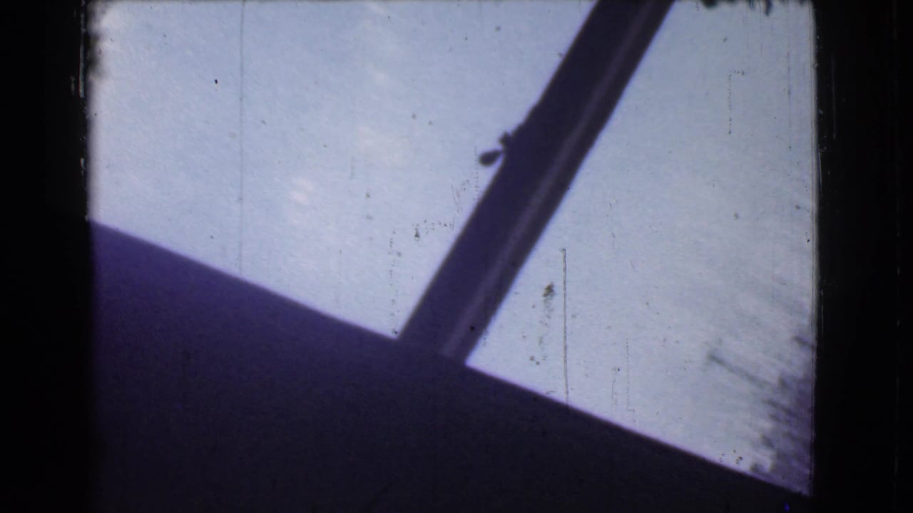 Dark 8mm frame with a slanted window or structural edge against pale winter light.