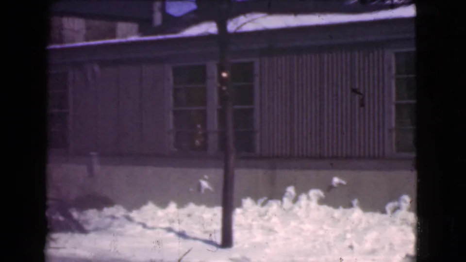 1939 Cleveland winter frame of a corrugated-sided building with windows, snow piled below, a pole in front, and bare tree branches overhead.