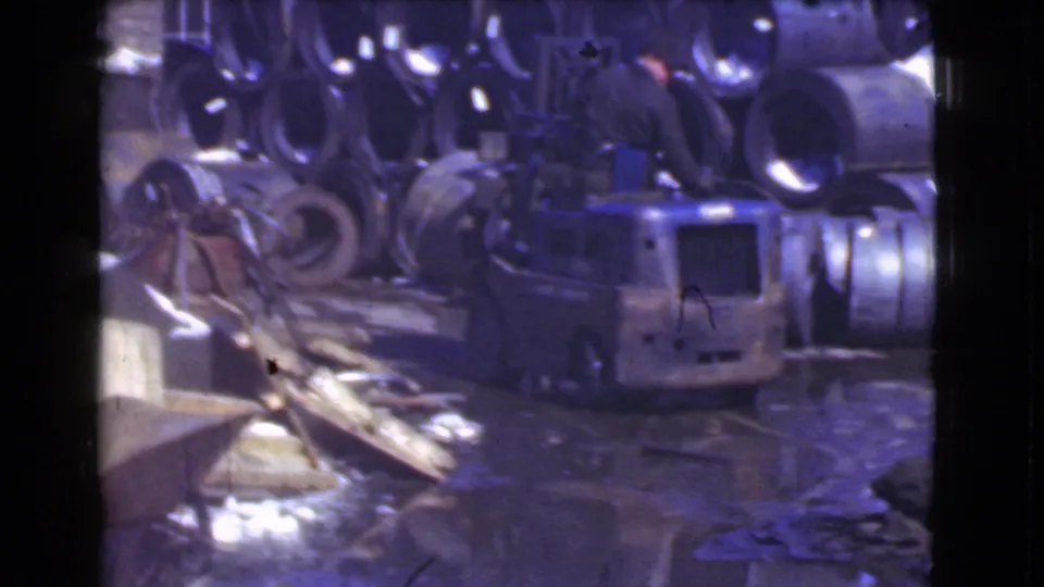 In this 1939 Cleveland industrial scene, a worker stands by a small forklift with stacked metal cylinders and debris behind him.