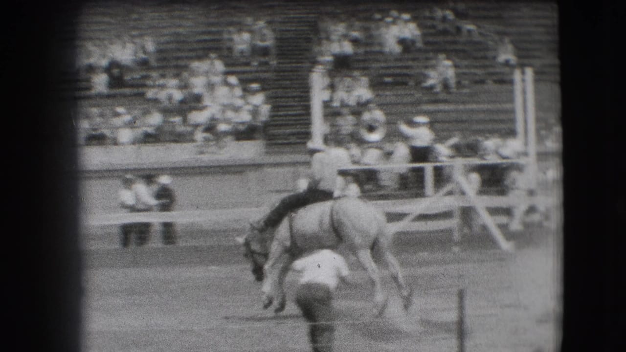 Bucking horse and rider pass an arena official with bleachers behind them.