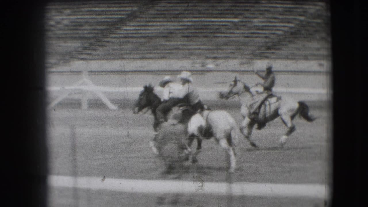 Several mounted riders race along a track as one rider appears low or falling near a horse.