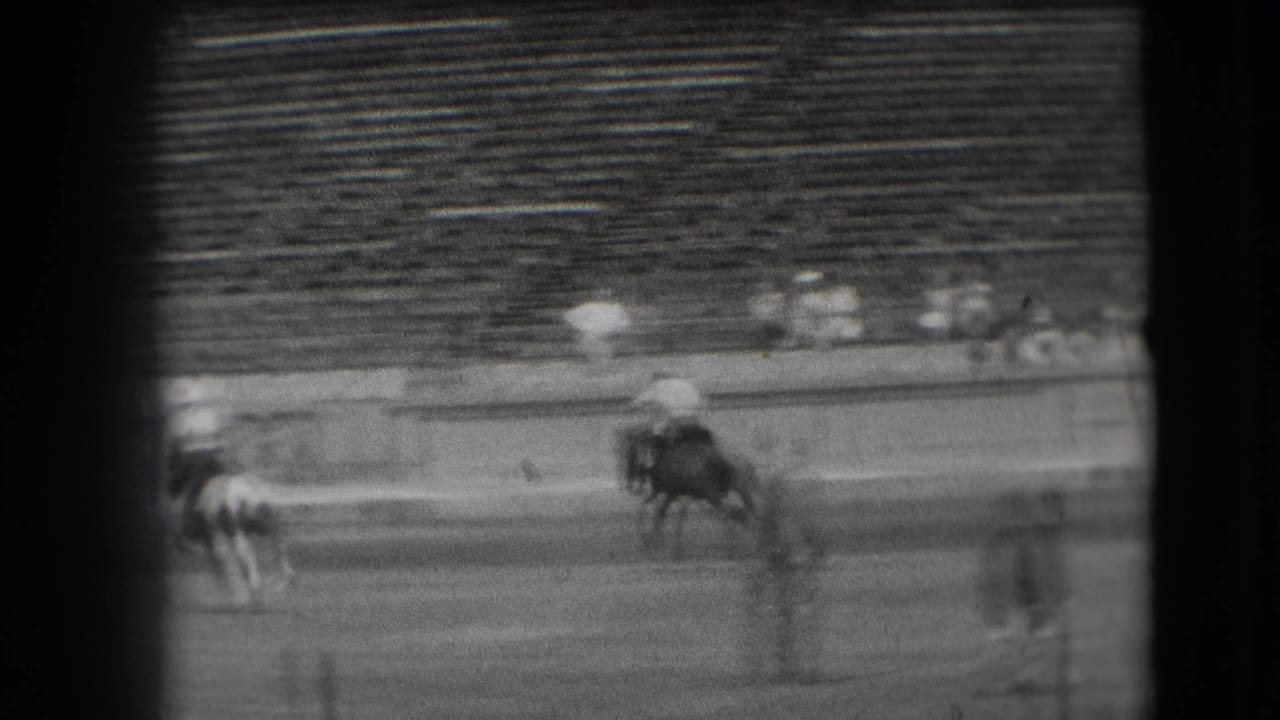 Mounted polo players ride across an arena field with tiered seating behind them.