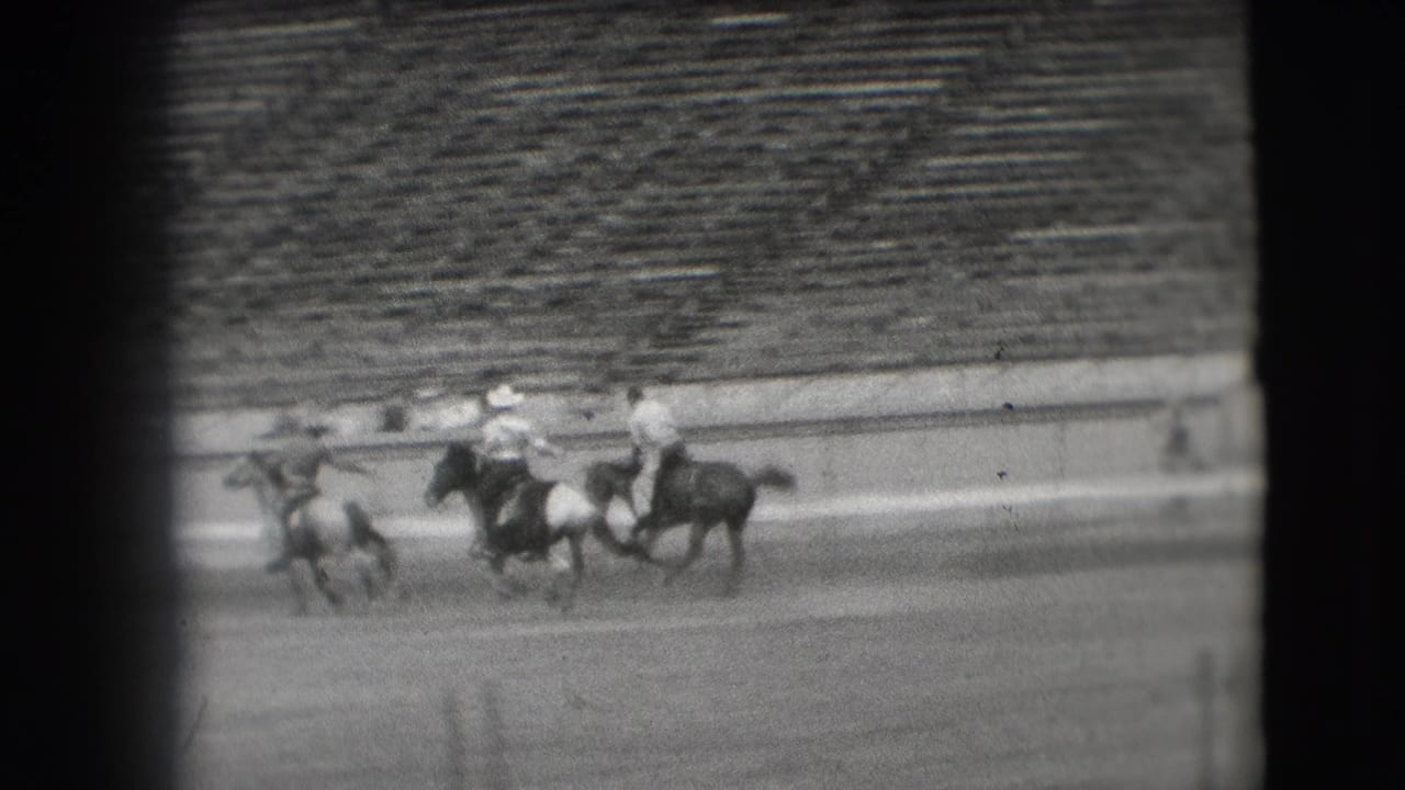 Several riders on horseback cluster near the rail in front of stadium seats.