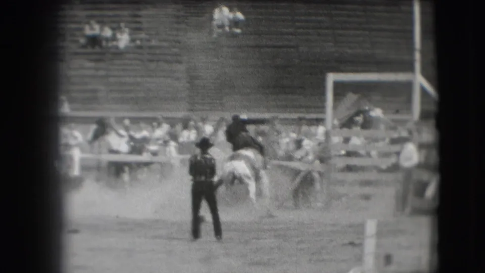In the Denver rodeo arena, a bucking horse carries its rider while an official or clown stands nearby in the dust.