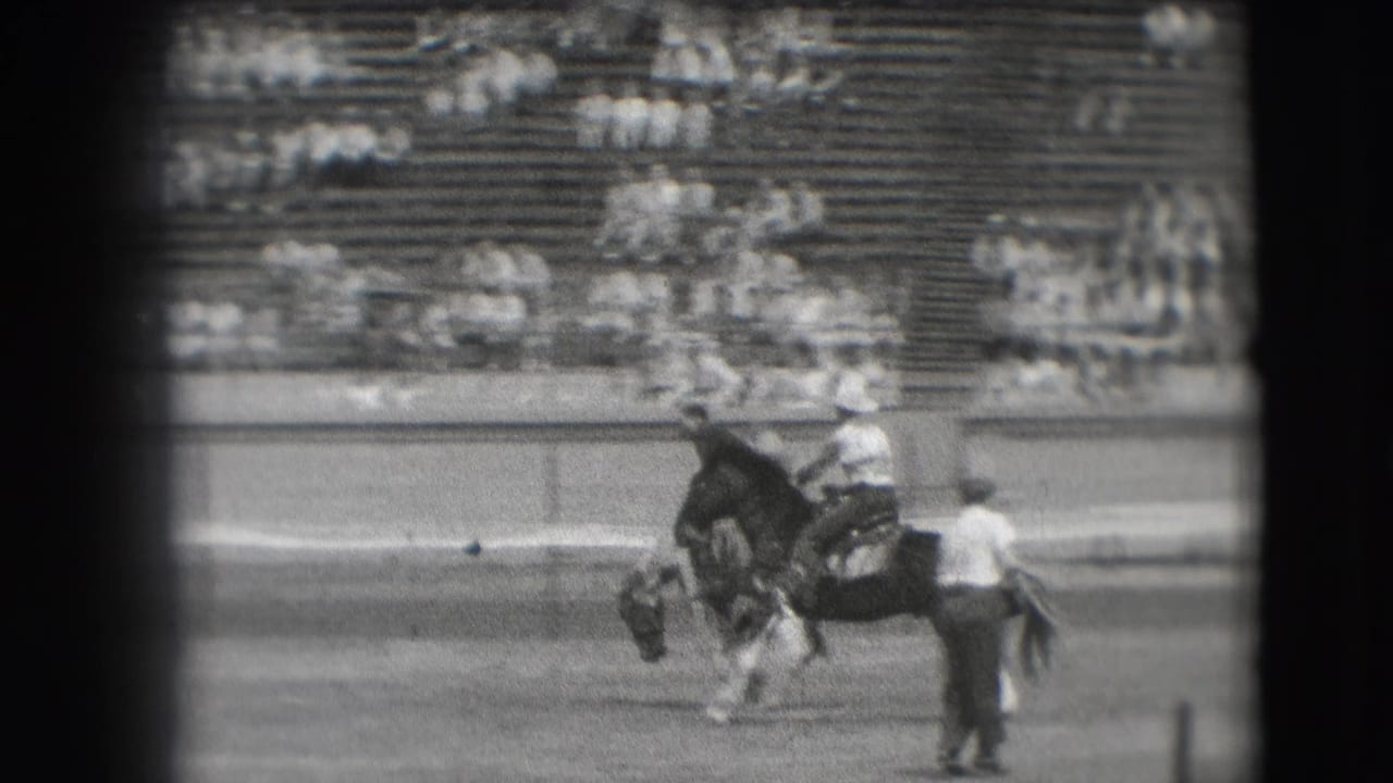 A rodeo rider leans forward on a bucking horse as spectators sit in the bleachers.