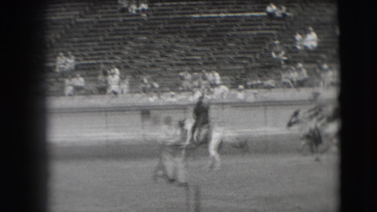Rider on horseback passes near figures in the arena while spectators sit in the bleachers, consistent with the Denver 1941 metadata.