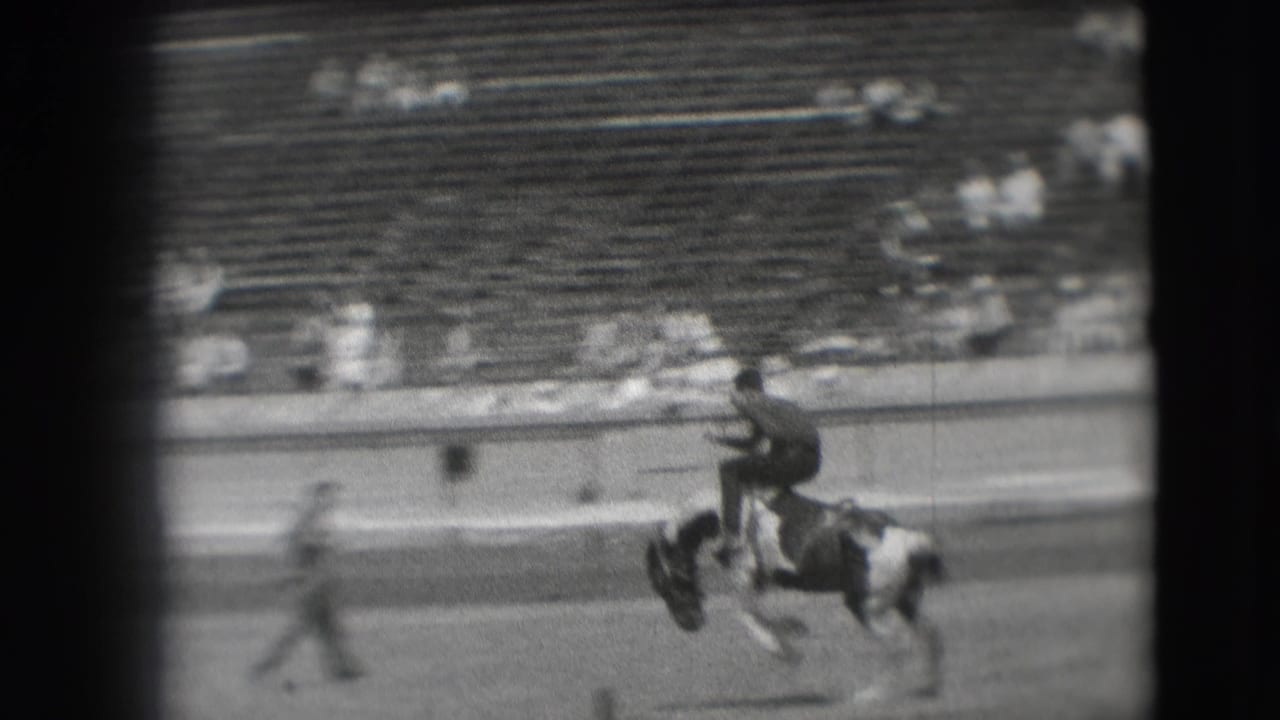 Rider in dark clothing on a bucking pinto horse in a stadium arena.