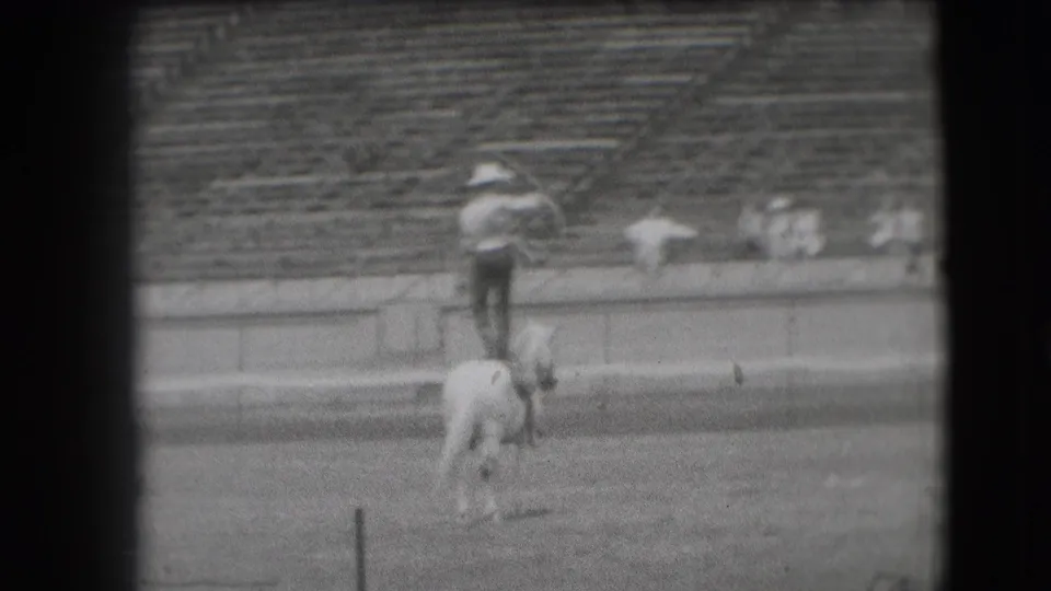 The Denver rodeo performer stands upright on a white horse, with a few distant spectators visible in the bleachers.