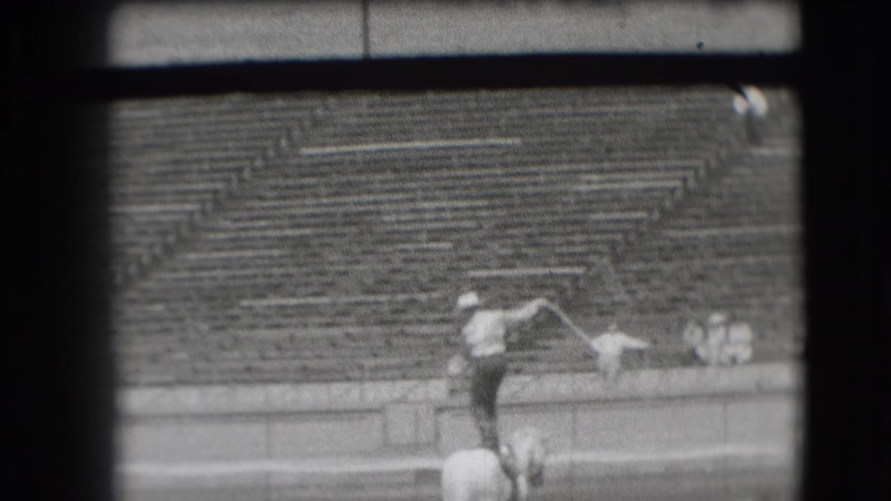 Cowboy standing on a white horse swings a lasso in a stadium arena.