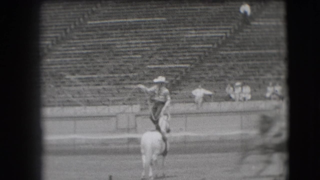 Cowboy stands on a horse with a rope extended across the arena.