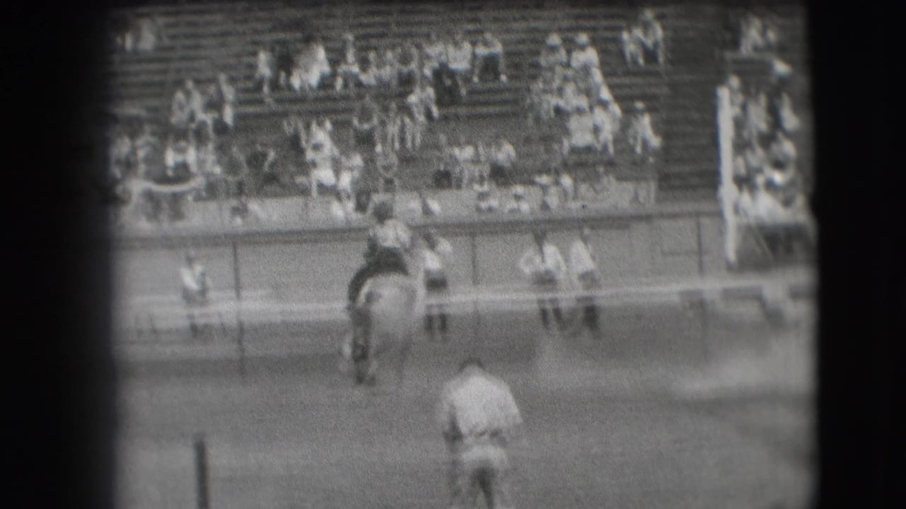 From a spectator angle, the rider and horse are seen lower in the frame while the bleachers and arena rail fill the background.