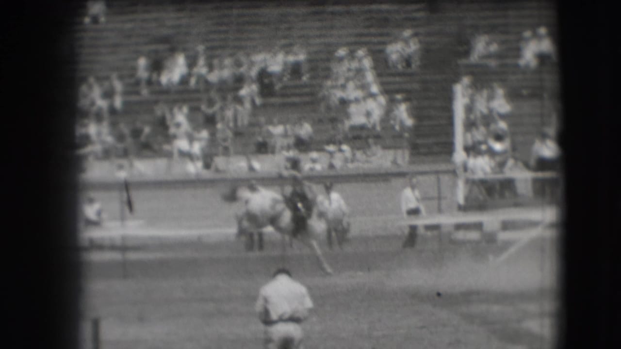 The rider and bucking horse turn near the Denver rodeo arena rail, with a seated crowd visible across the bleachers.