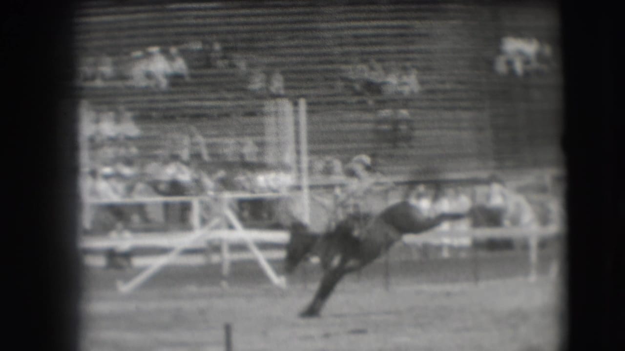 1941 Denver rodeo frame showing a bucking horse as a rider appears to be thrown near the arena rail.
