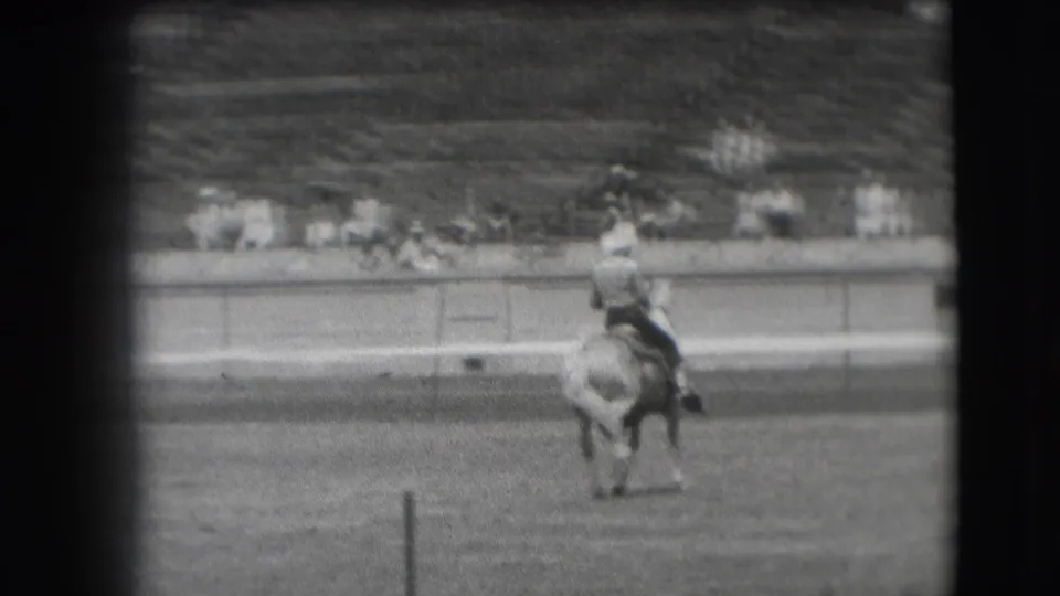 The rider and horse turn or pass through the arena, with a stadium rail and sparse spectators visible in the background.