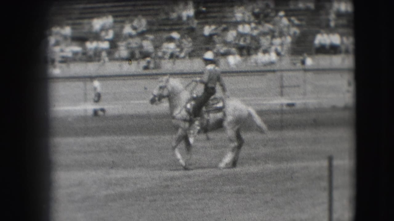 The final frame shows the horse and rider moving across the rodeo grounds, with spectators still visible in the Denver stands.
