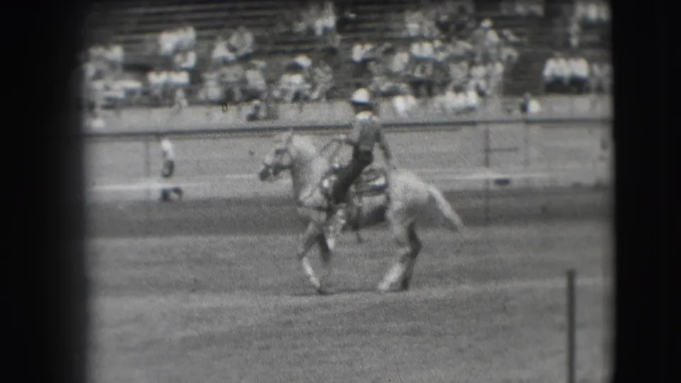 The final frame shows the horse and rider moving across the rodeo grounds, with spectators still visible in the Denver stands.