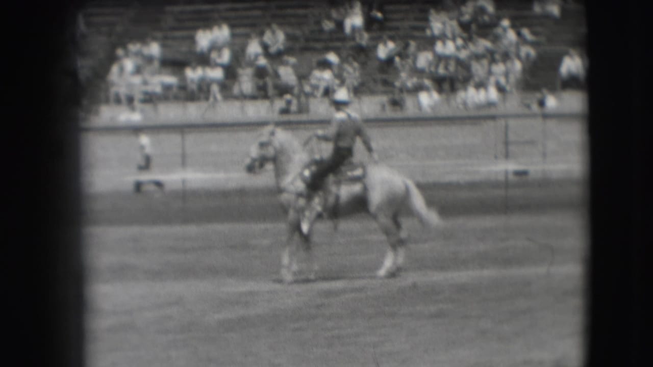 Rider in a hat on a light-colored horse crossing a grassy arena before bleachers.