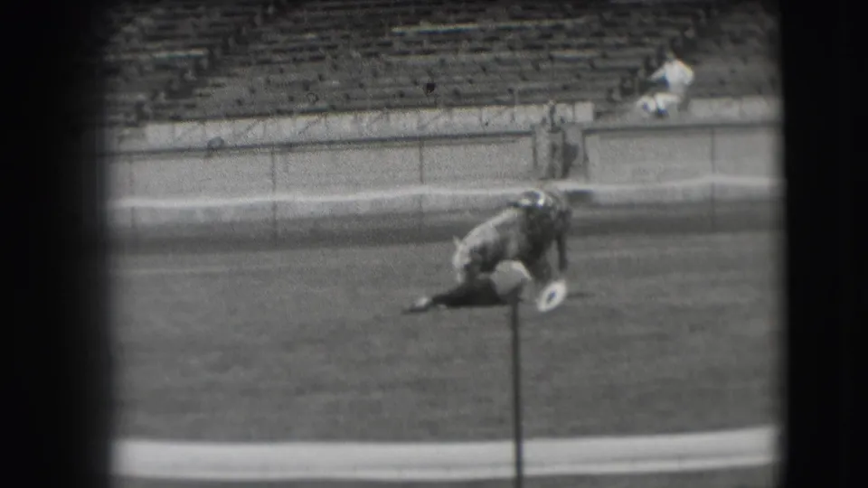 During the Denver horse-show footage, the light-colored horse bends low near a small post in the grassy arena as spectators remain in view.