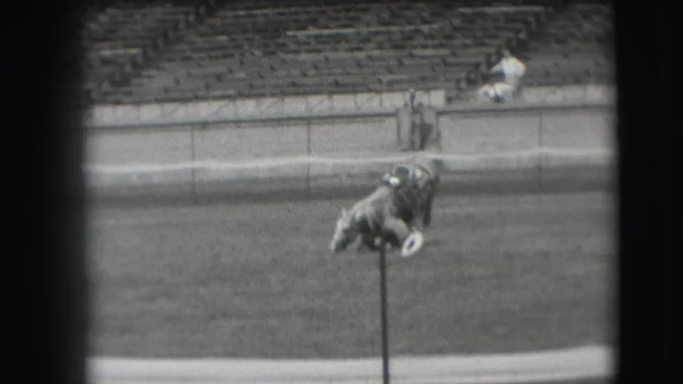 In 1941 Denver archival 8mm footage, a horse appears to be collapsing on a grassy arena field near a pole while spectators sit in distant stands.