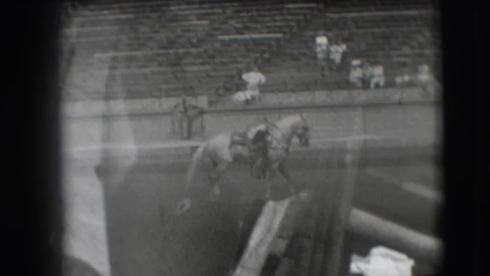 The mounted rider travels along the arena near the rail, with blurred foreground obstruction and mostly empty Denver bleachers behind.