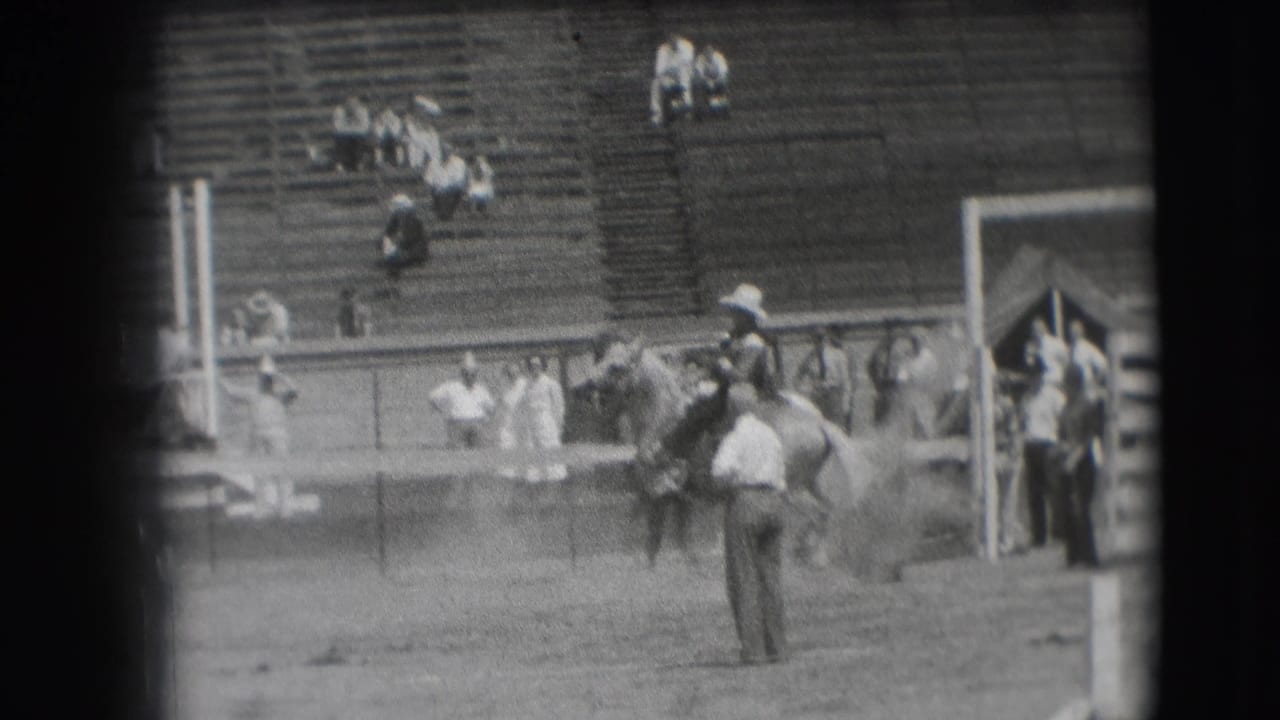 A rodeo rider on horseback appears near the gate area, with arena staff, rail fencing, and bleacher spectators in the background.
