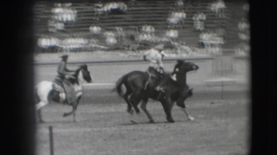 A cowboy rides a dark bucking horse in the 1941 Denver rodeo arena as another mounted rider follows close behind.