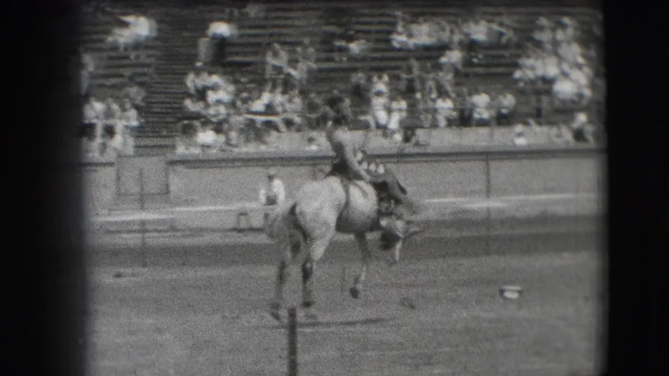 A cowboy is lifted by the motion of a bucking horse in the Denver rodeo arena, with spectators visible in the stands.