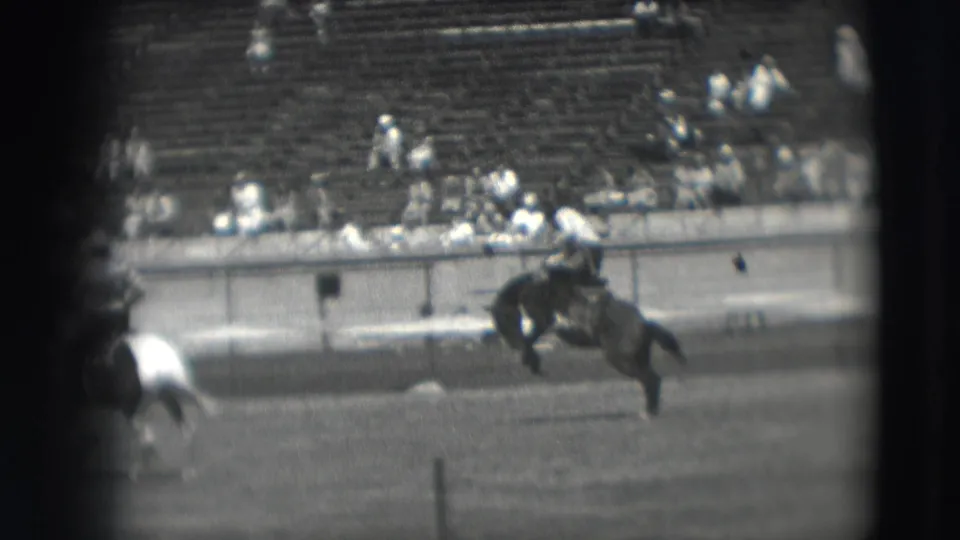 The rodeo horse lifts into a high buck with the cowboy still seated, while a second horse and distant spectators appear near the frame edges.