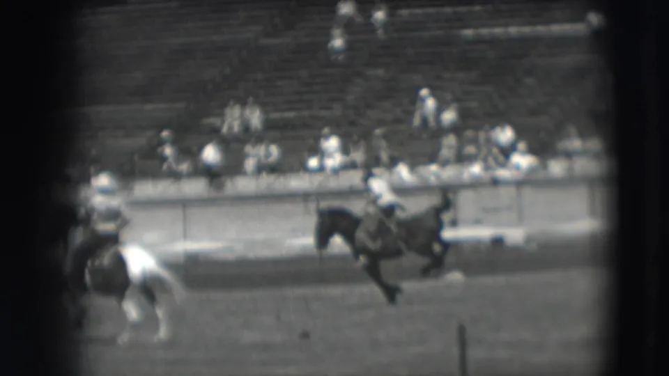 The final frame shows the rider still on the bucking horse in the Denver rodeo arena, with another horse partly blocking the lower left foreground.