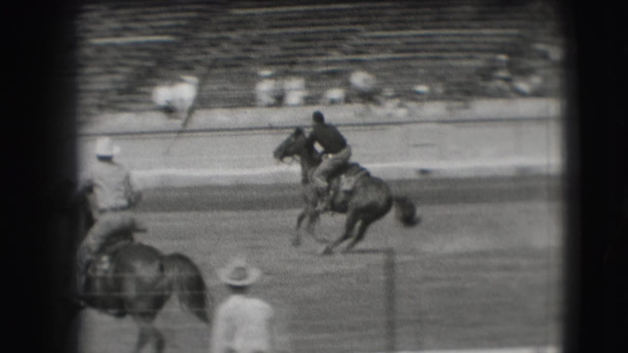 Mounted rider moves across a stadium arena while spectators sit in bleachers.