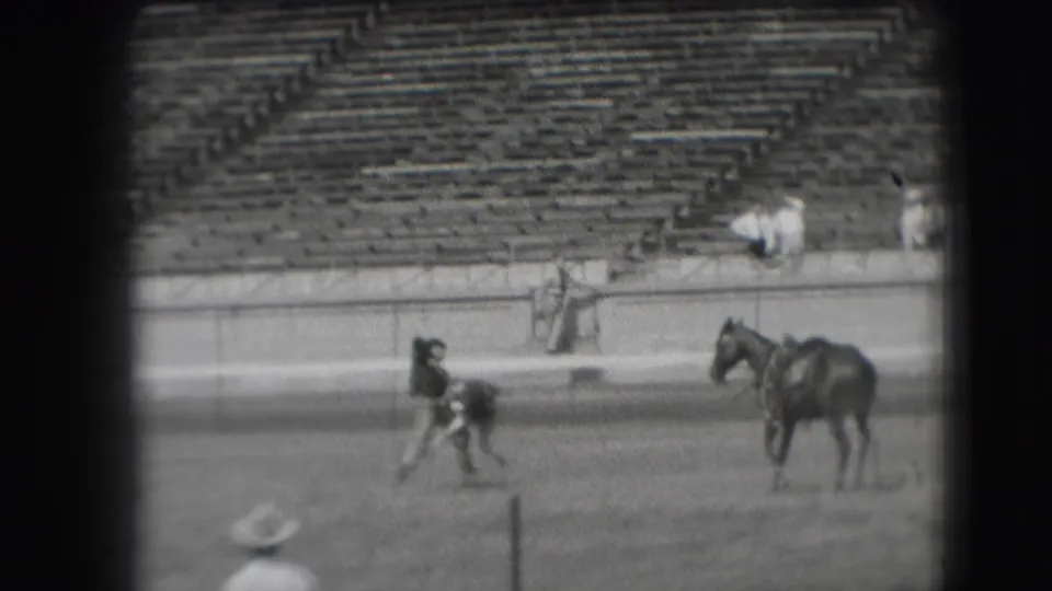 The rodeo action continues in Denver as a cowboy handles or gathers a small animal, with a horse and bleachers in the background.