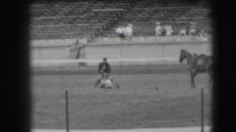At the end of the clip, the man stays over the downed steer in the arena as the horse moves partly out of frame.