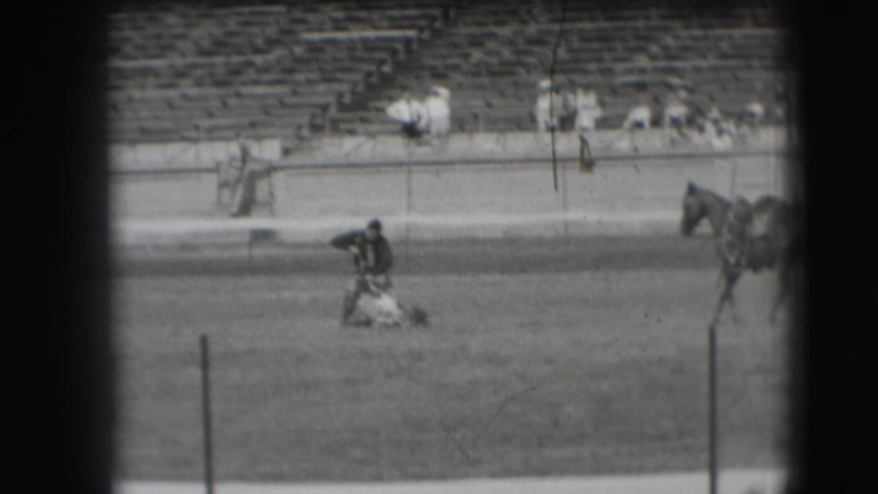 Cowboy kneels over a roped animal in a rodeo arena with a horse nearby and spectators in bleachers.