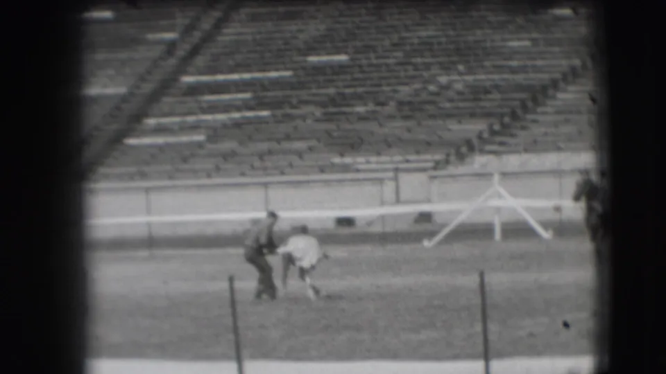 The white horse appears to resist or lower itself while a man in dark clothing handles it on a Denver sports field.