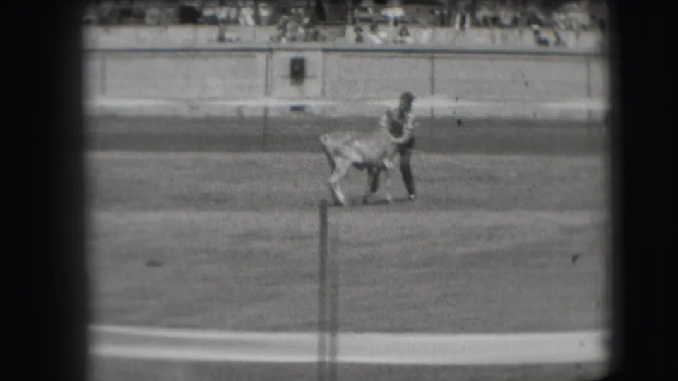 1941 Denver livestock-show footage shows a man pulling or restraining a calf on the grass, with spectators seated beyond the arena barrier.