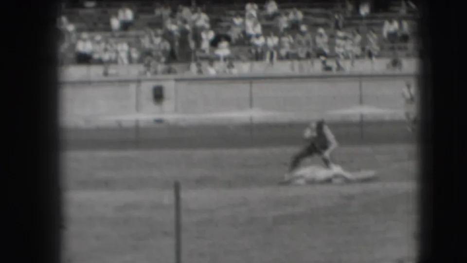 A man crouches beside a calf lying on the grass during a 1941 Denver livestock-show moment, with spectators in the bleachers behind.