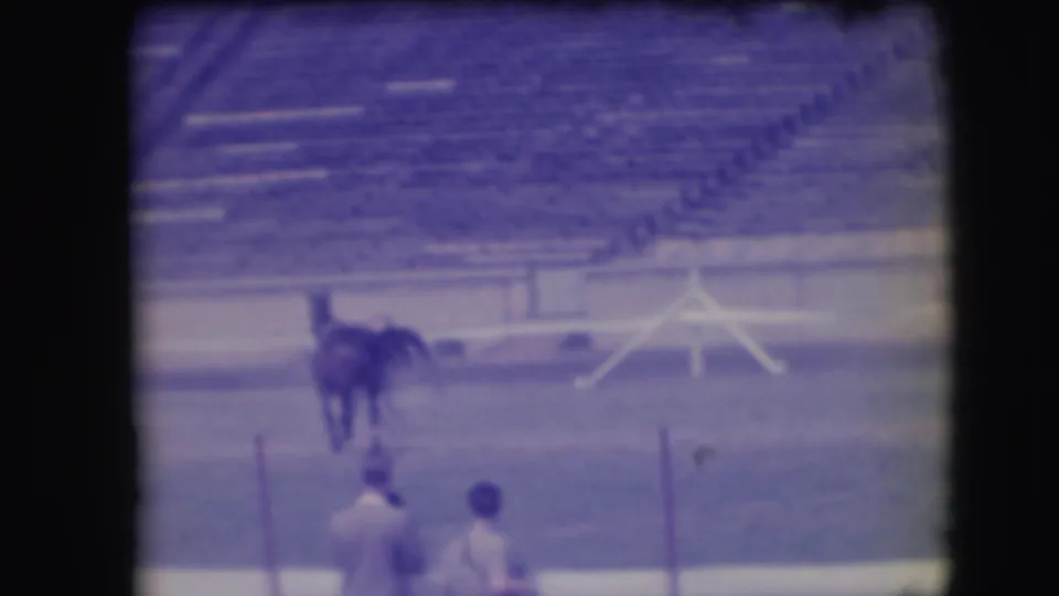 1941 Denver arena frame with a horse separated from the action, two spectators in front, and faded grandstand rows behind.