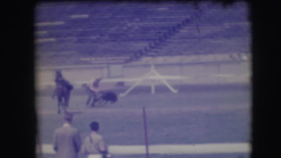 1941 Denver rodeo scene with a young horse low to the ground, a mounted rider nearby, and sideline spectators watching.